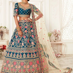 Regal Blue Bridal Lehenga Choli Set Slub Silk Traditional Set with Heavy Embroidery Work for Weddings
