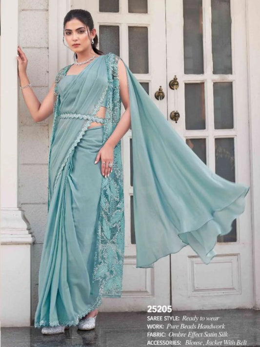 Exquisite Bead Embellished Party Wear Satin Silk Ombre Saree with Designer Jacket At Lowest Price