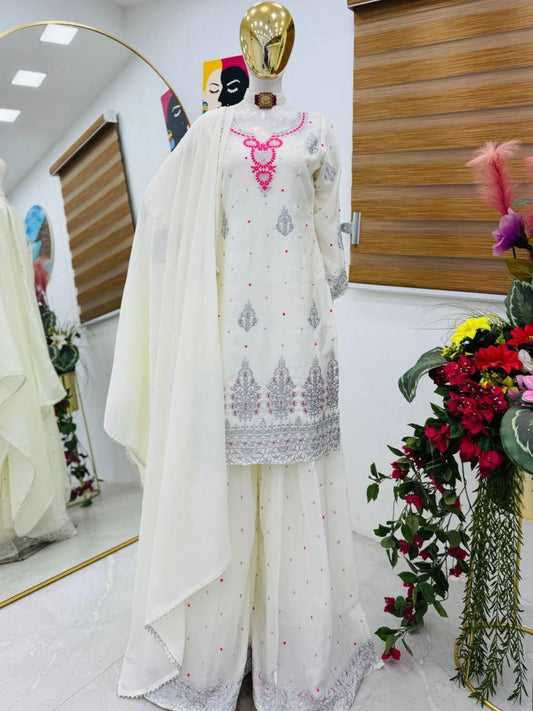 White Chinon Sharara Suit With Sequin Embroidery Ready To Wear Designer Set From Royalexport Surat