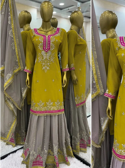 Latest Sharara Suit 2025 by Surat Designers Fully Stitched Georgette Suit with Intricate Sequin & Embroidery Work for Wedding