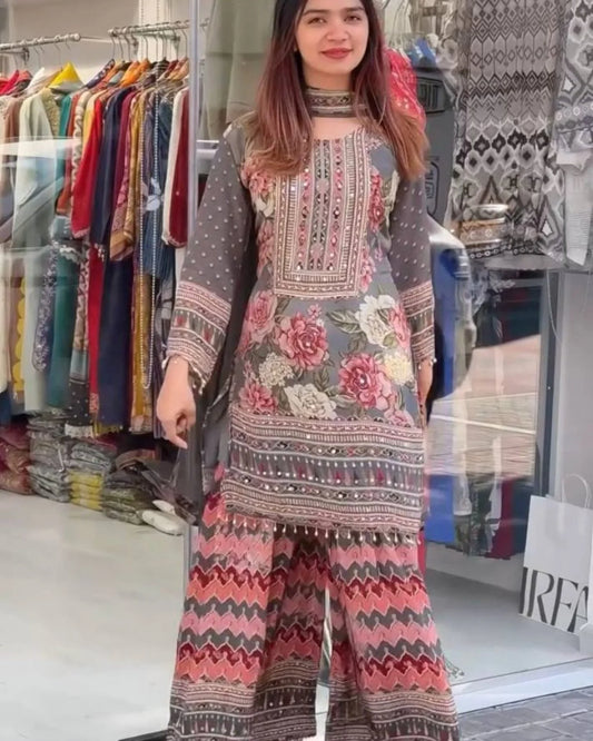 New womens wear Fancy printed Embroidered And Real Mirror Work Top And Pant With Printed Dupatta Kurta Set