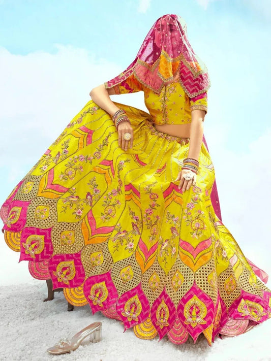 Elegant Mustard Yellow Embroidered Silk Lehenga Choli For Wedding