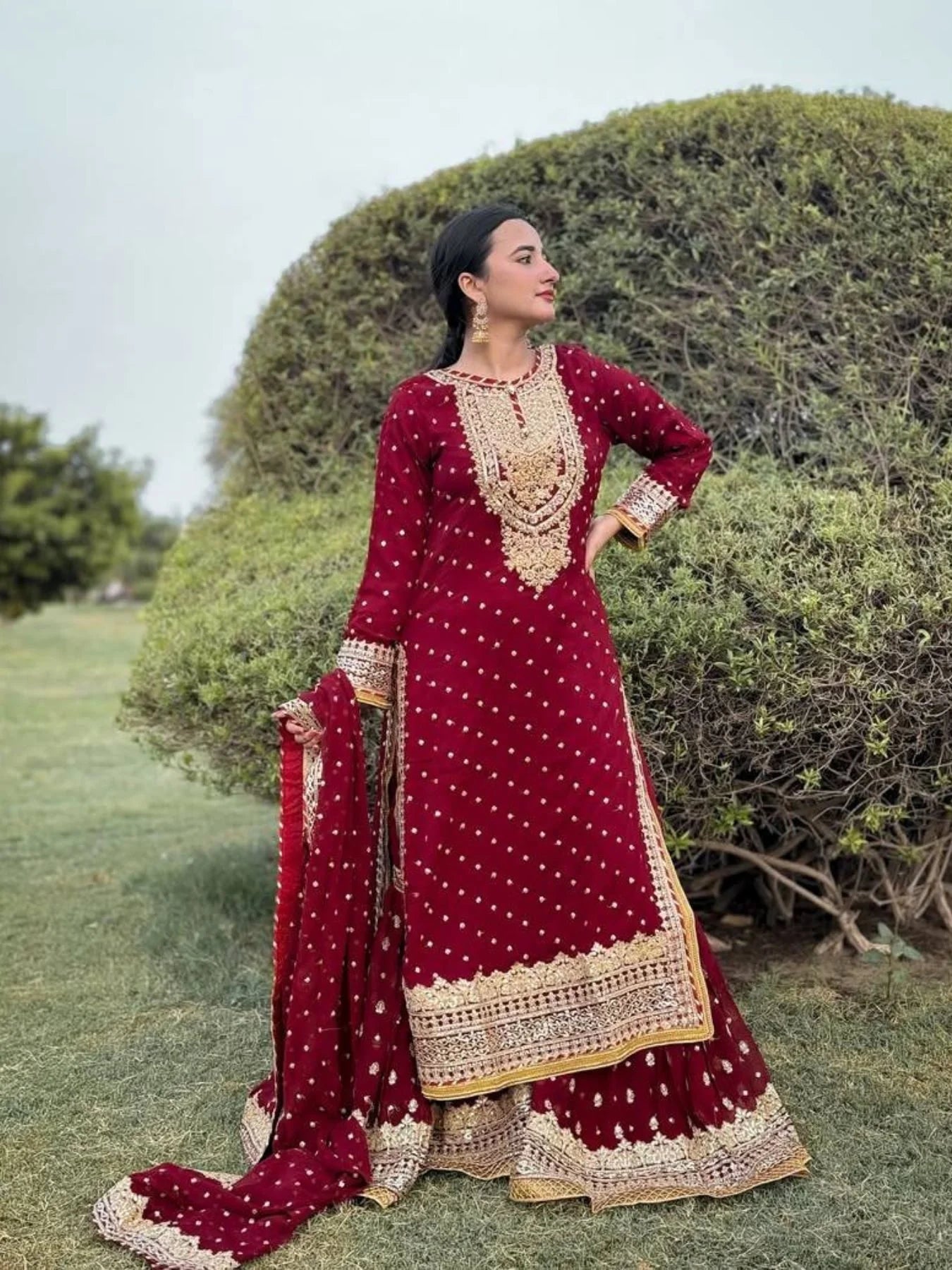 Women Red Designer Foux Georgette Embroidery and Sequence work Sharara set