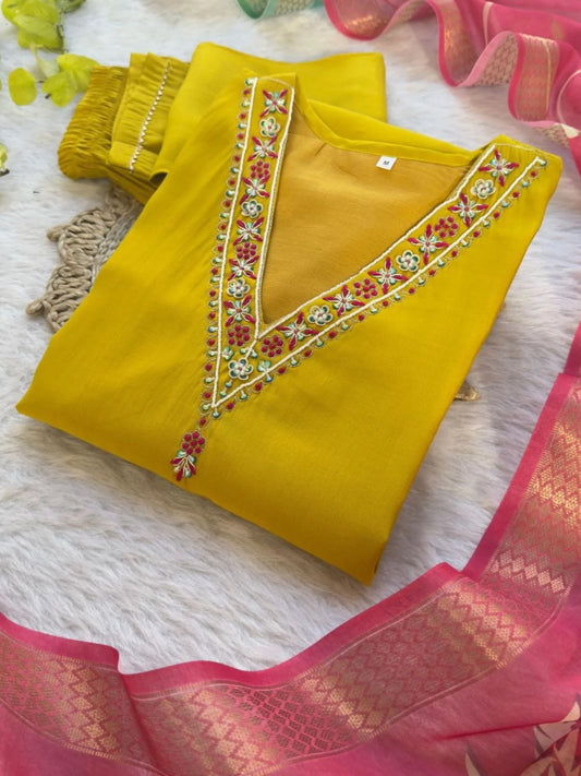 Premium Roman Silk Kurti Set with Hand Embroidery & Jacquard Dupatta 3PC Festive Wear at Wholesale Price