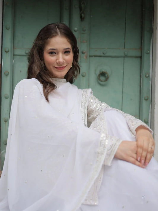 Extraordinary White Color Kurti Sharara Set with Embroidered Dupatta for Women