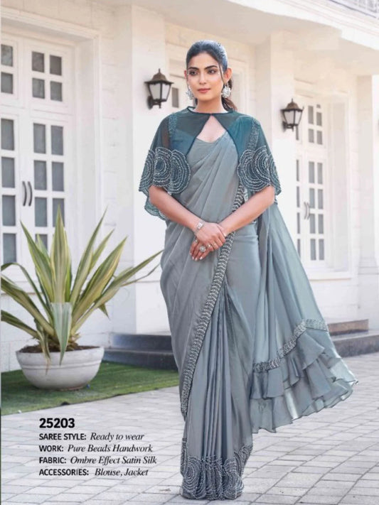 Elegantly Crafted Heavy Beadwork Satin Silk Ombre Saree with Designer Jacket for Weddings Parties