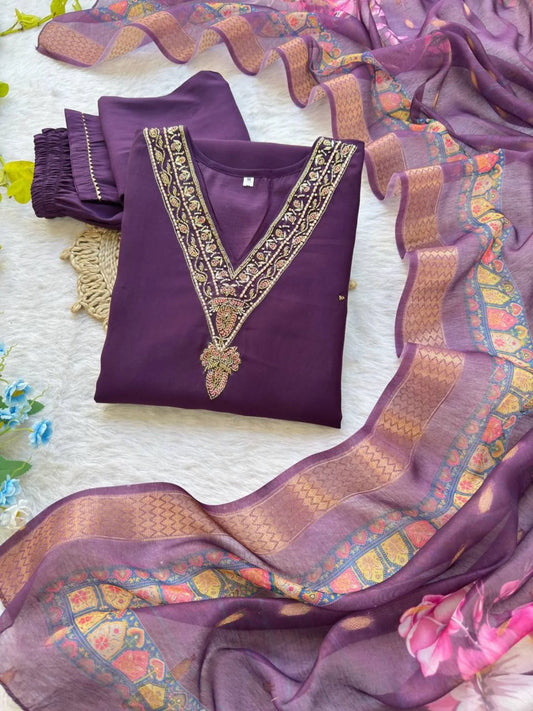 Festive Wear Roman Silk Kurti Set with Miyani Pant Digital Chanderi Dupatta Elegant 3PC Outfit Supplier Collection for Clothing Wholesalers