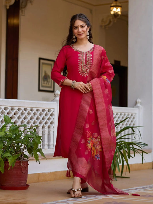 Bead Work Viscose Chanderi Kurti Suit Set with Printed Organza Dupatta Ready to Wear 3 Piece Set at Manufacturer Rate