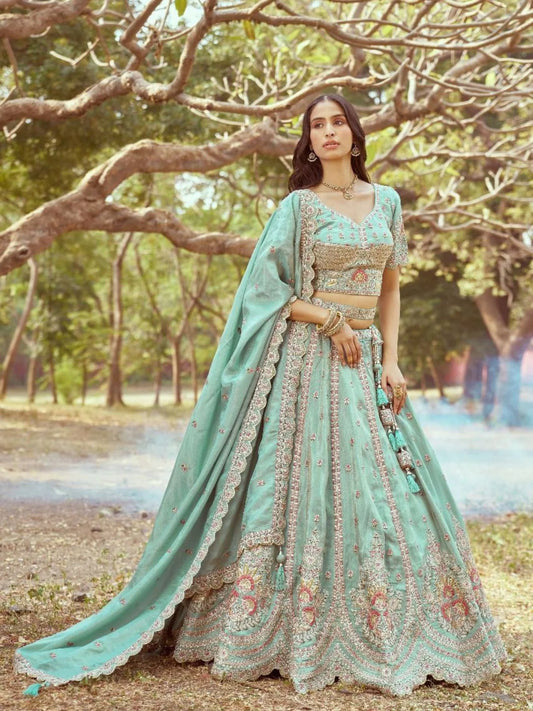 Sea Green Crushed Tissue Bridal Lehenga Multi Embroidery with Moti Zari Dupatta Latest Exporter Designer