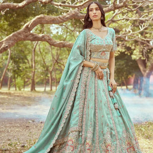 Sea Green Crushed Tissue Bridal Lehenga Multi Embroidery with Moti Zari Dupatta Latest Exporter Designer