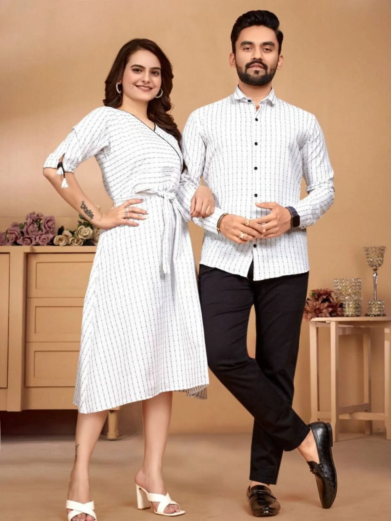 New Launch White Color Pure Cotton Pattern Weaving Couple Combo Collection