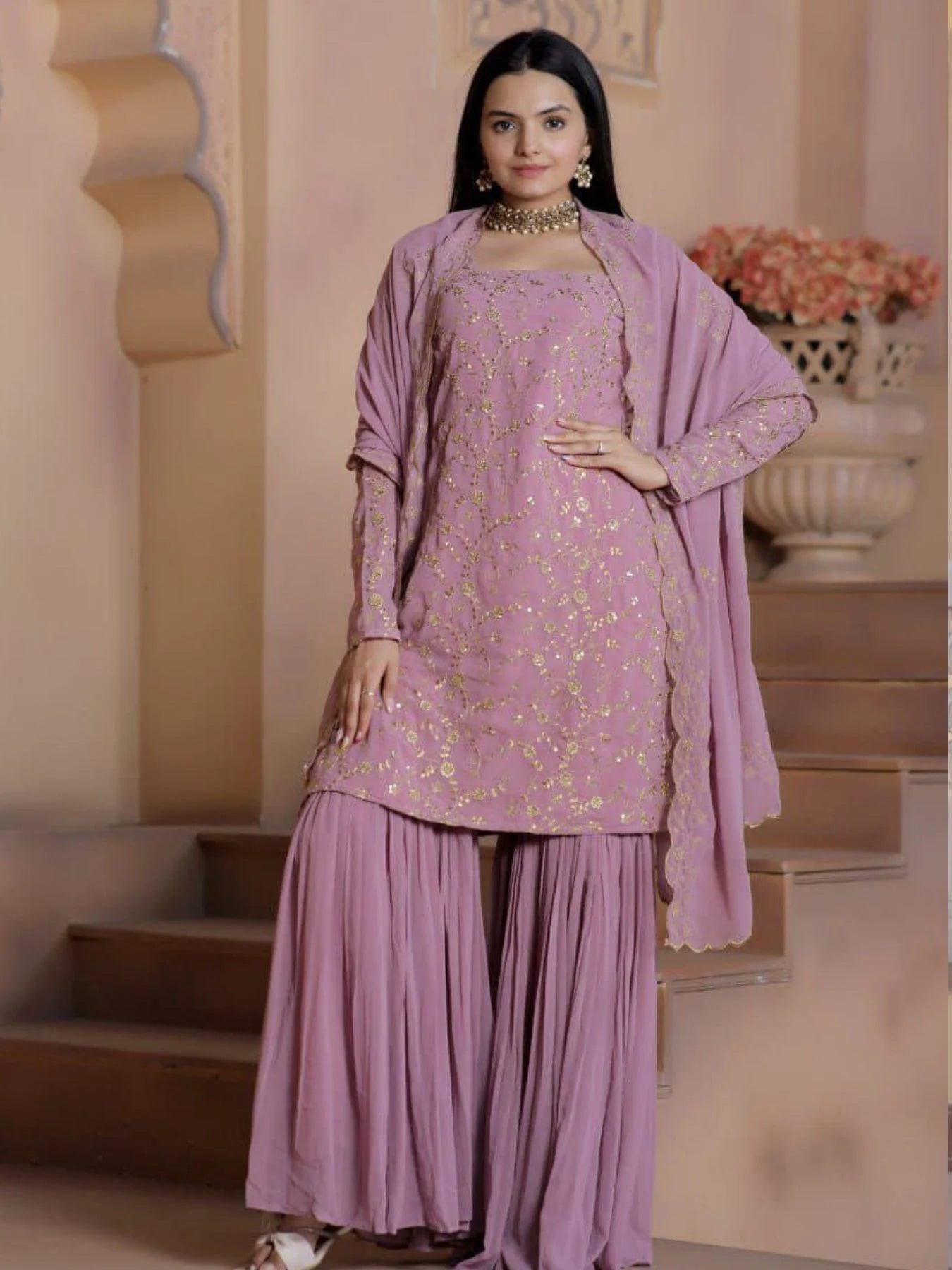 Designer Faux Georgette Embroidery Work Sharara Suits