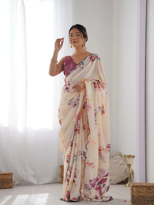 Flower Design Digital Chinnon Saree with Contrast Mirror Lace Trendy Floral Fashion at Factory Price
