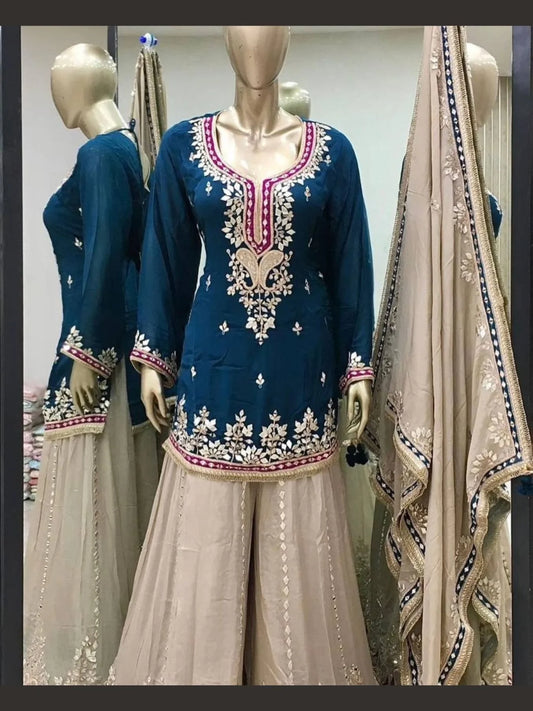 Royal Embroidered Sharara Suit Set in Pure Georgette Top with Mirror & Sequin Work, Paired with Heavy Flared Sharara Ready-to-Wear