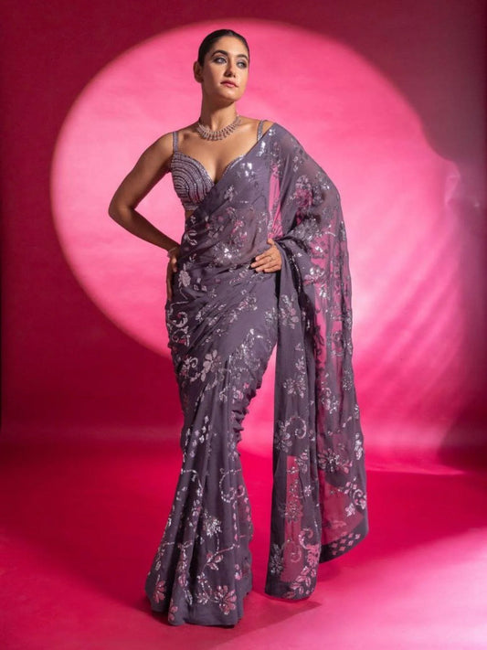 Party Wear Georgette Saree with Heavy Embroidery Sequence Work