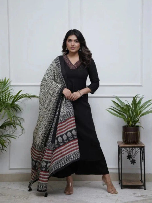 Black Embroidered Parmpara Fabric Kurti Set with Bottom Dupatta Ready to Wear 3 Piece Suit for Women at Best Price