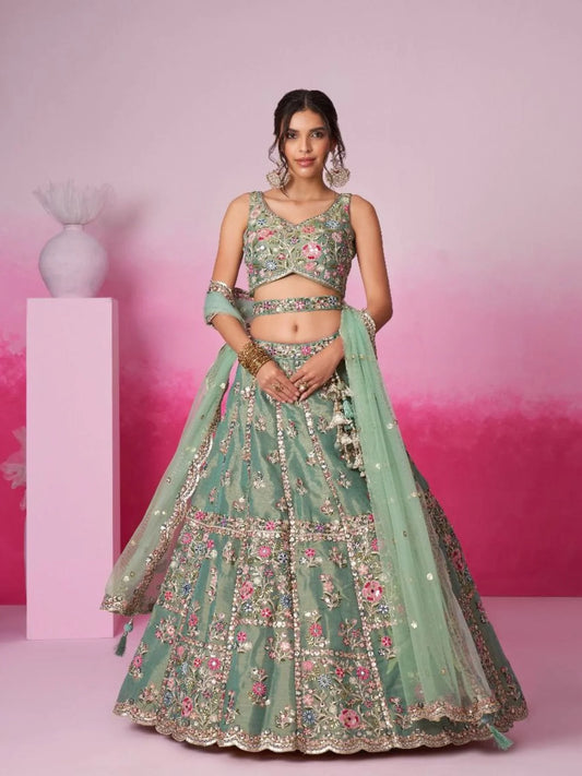 Sea Green Wedding Lehenga Designer Embroidery Dupatta Set Surat Manufacturing for Reseller
