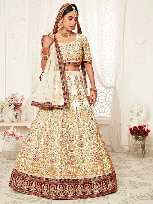 Off White Embroidered Art Silk Extravagant Wedding Lehenga Choli at Best Offer Rates