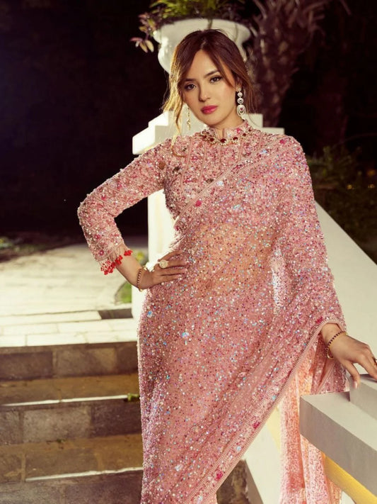 Party Wear Faux Georgette Saree With Embroidery Work Lace Border