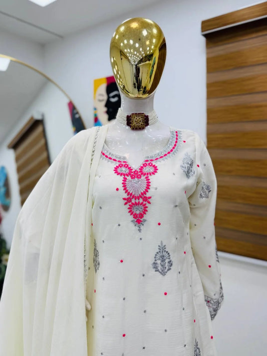 White Chinon Sharara Suit With Sequin Embroidery Ready To Wear Designer Set From Royalexport Surat