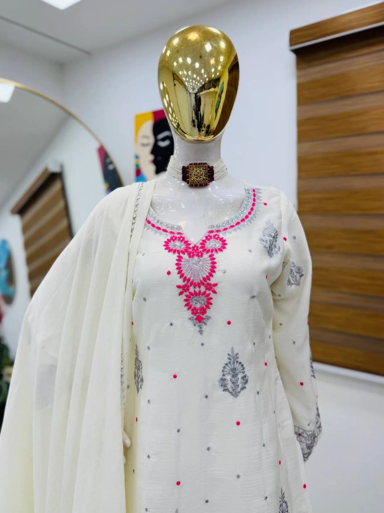 White Chinon Sharara Suit With Sequin Embroidery Ready To Wear Designer Set From Royalexport Surat