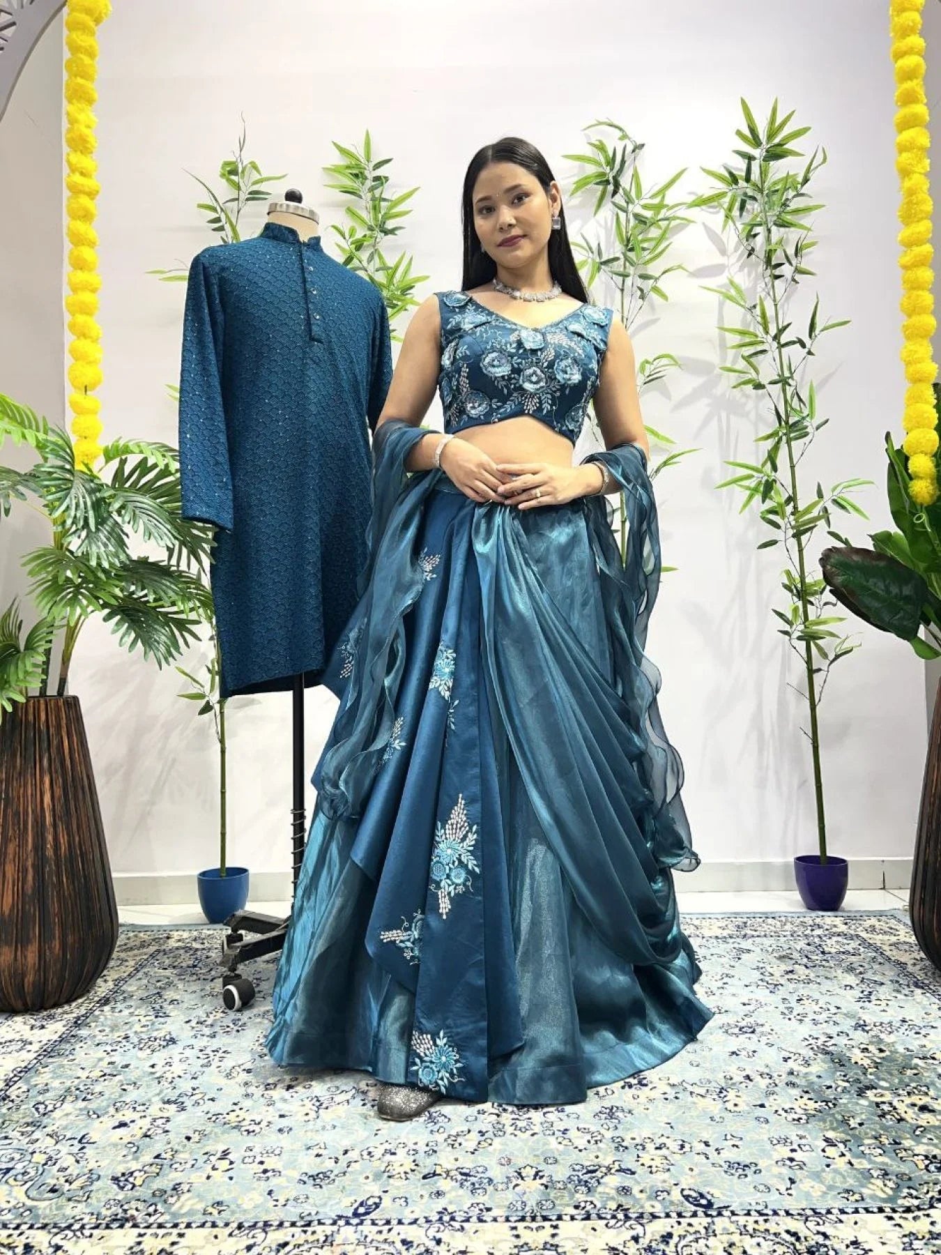 Rama Western Flower Couple Combo Lahenga Choli