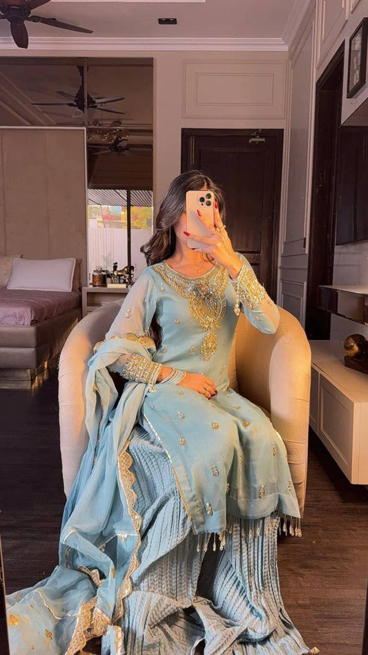 Luxurious Party Wear Sharara Suit Set Full Sleeves Embroidered Dupatta Ready to Wear Collection