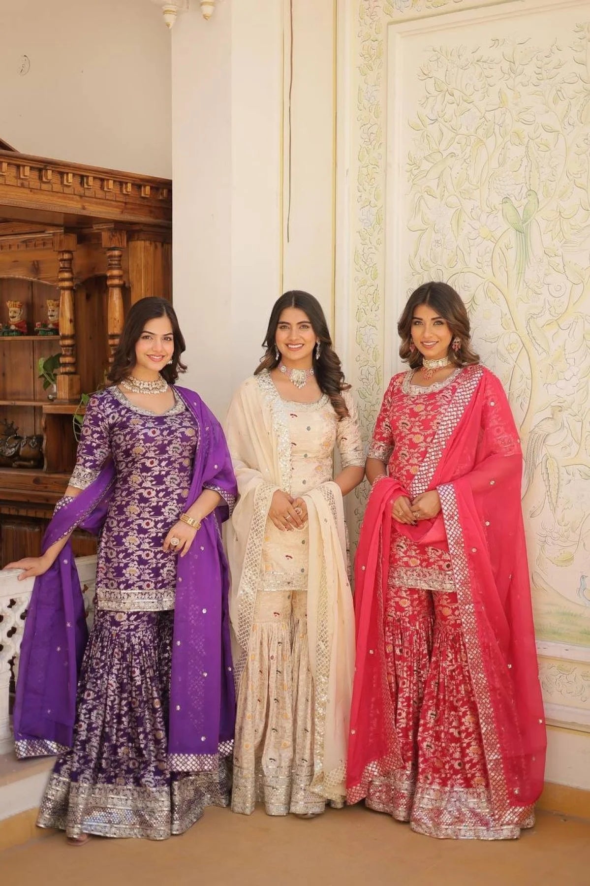 Ready to Wear wine Kurti Gharara in Viscose Jacquerd and Embroidery Sequence work with Russion Silk Dupatta
