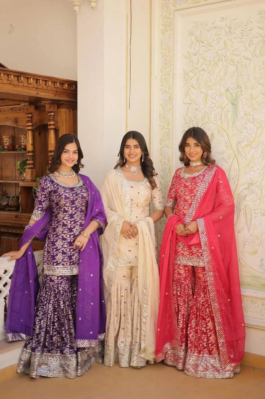 Ready to Wear wine Kurti Gharara in Viscose Jacquerd and Embroidery Sequence work with Russion Silk Dupatta