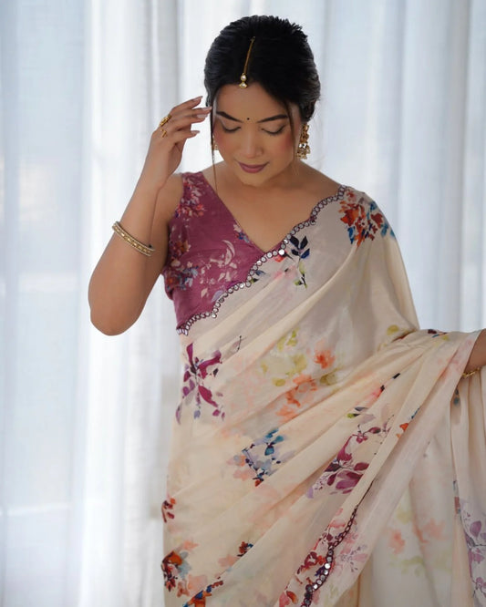 Flower Design Digital Chinnon Saree with Contrast Mirror Lace Trendy Floral Fashion at Factory Price