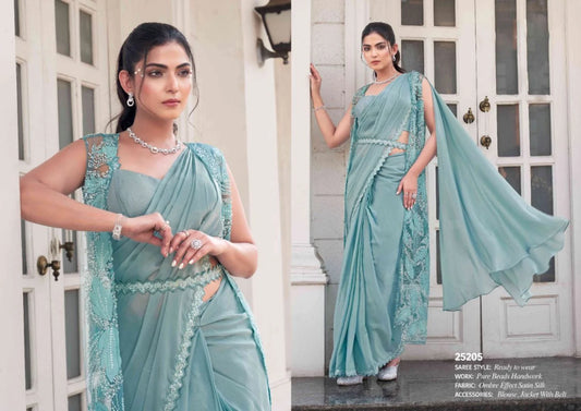 Exquisite Bead Embellished Party Wear Satin Silk Ombre Saree with Designer Jacket At Lowest Price