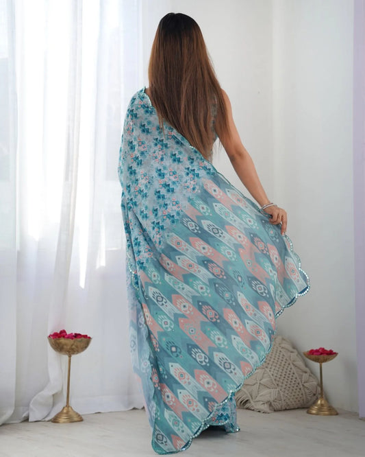 Stylish Chinon Sky Blue Saree with Mirror Lace & Blouse Piece Exclusive Wholesale Collection India