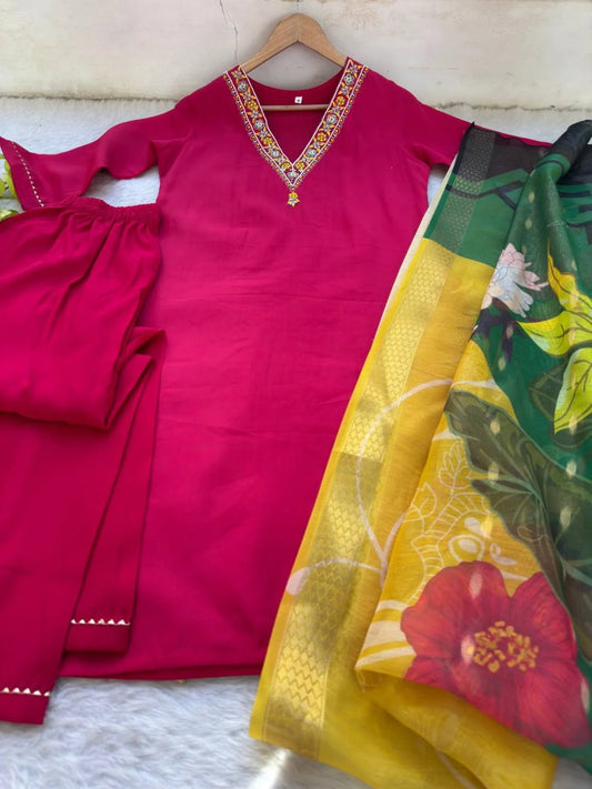Roman Silk Kurti Pant Dupatta Set Hand Embroidered 3PC with Designer Chanderi Dupatta Wholesale from Surat