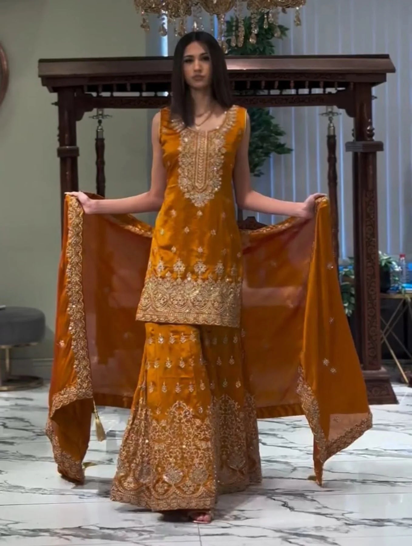 Mustard Yellow Designer Embroidery Work Kurti With Sharara Set