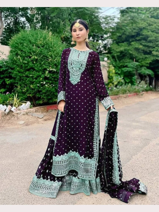 Women Maroon Designer Foux Georgette Embroidery and Sequence work Sharara set