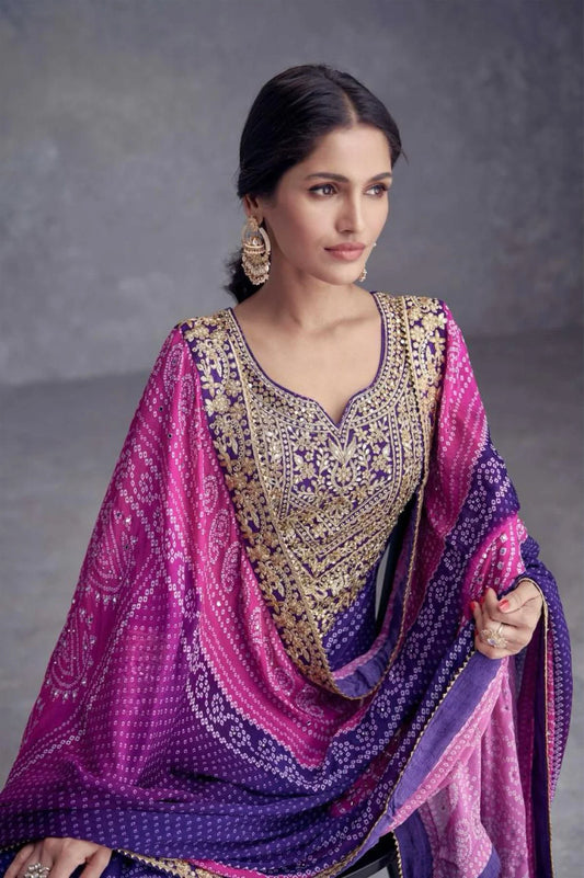 Heavy Embroidered Chinon Suit Set with Plazoo Dupatta Digital Print Wholesale Prices for Resellers