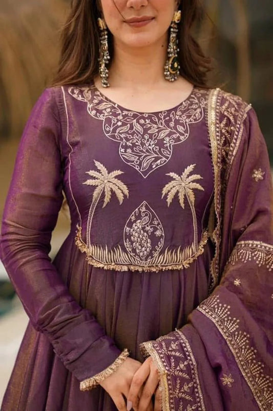 Elegant Wine Shimmer Gown Set with Heavy Embroidery Lace Border Dupatta Designer 3 Piece Party Suit at Manufacturer Rate