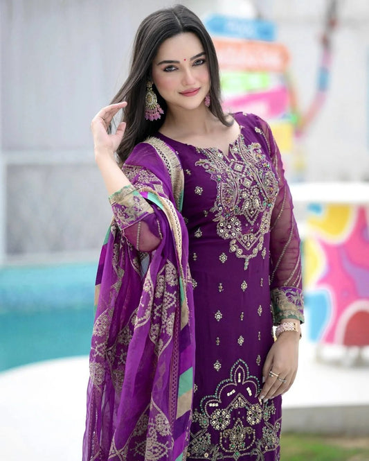 New Launch Party Wear Chinon Suit Set Ready to Wear Heavy Embroidery Sequin Work Latest Collection