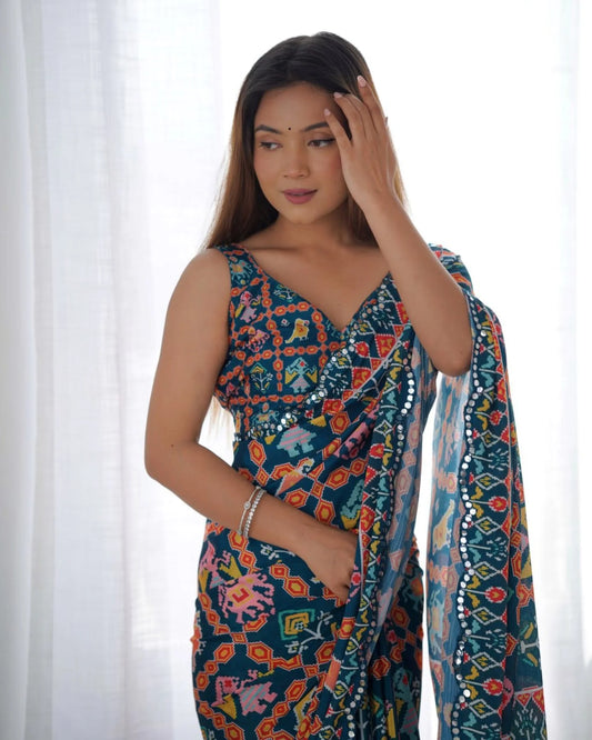 Two Tone Chinon Saree with Mirror Work Embellishments New Arrival Export Quality at Wholesale Price