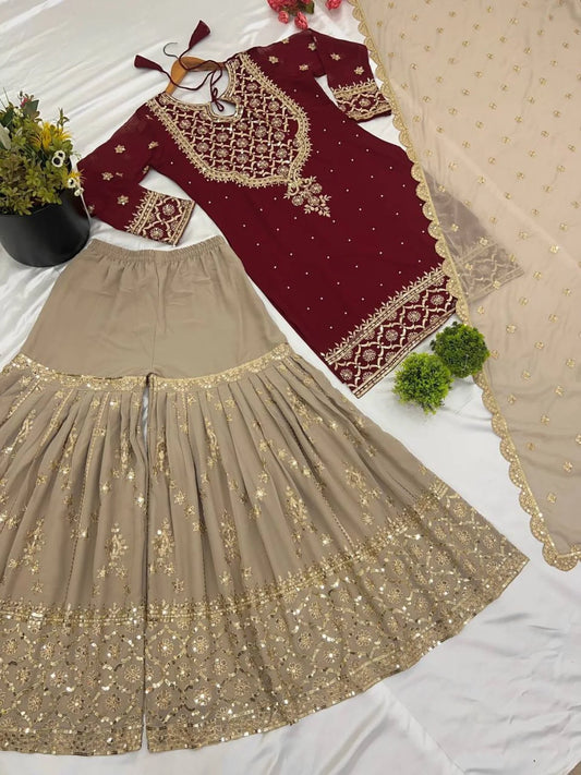 Exclusive Ready to Wear Embroidered Georgette Salwar Suit with Heavy Sharara Best Wholesale Deal on Stitched Ladies Suit