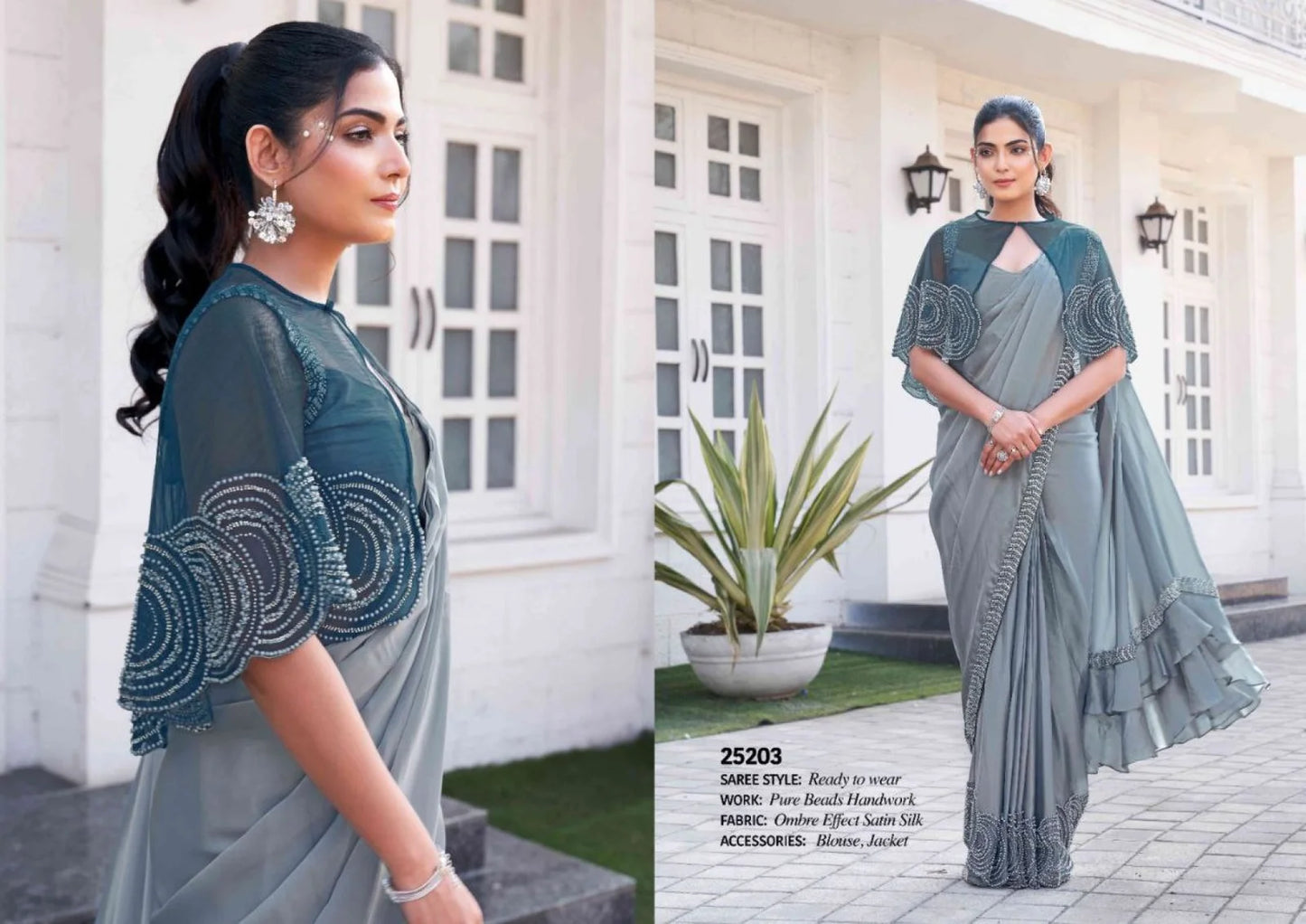 Elegantly Crafted Heavy Beadwork Satin Silk Ombre Saree with Designer Jacket for Weddings Parties