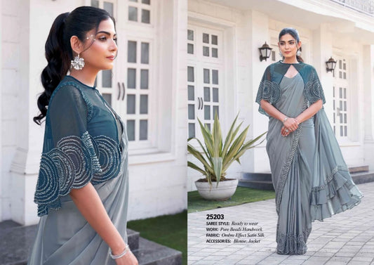 Elegantly Crafted Heavy Beadwork Satin Silk Ombre Saree with Designer Jacket for Weddings Parties