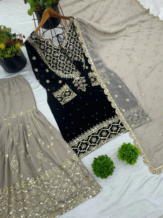 Top Designer 3 Piece Georgette Suit with Sharara and Embroidered Kurti Readymade Suit Set for Ladies