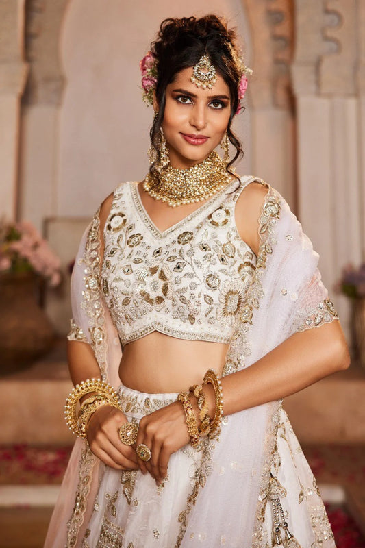 Attractive Off White Sequins Tissue Silk Lehenga Choli Beads Mirror Zari Work from Surat Manufacturer