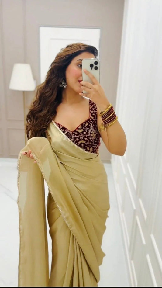 Cream Color Japan Satin Sequence Lace Work Saree