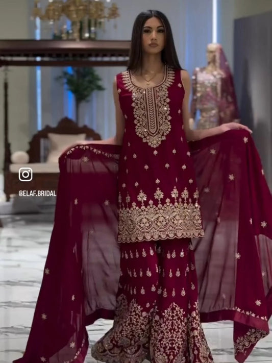 Stylish Embroidered Georgette Kurti Plazo Set with Dupatta Best Price Ready to Wear Ensemble