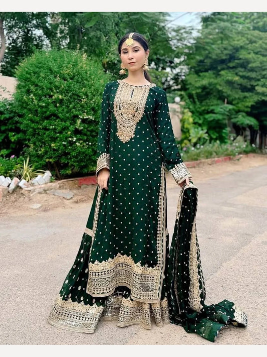 Women Green Designer Foux Georgette Embroidery and Sequence work Sharara set