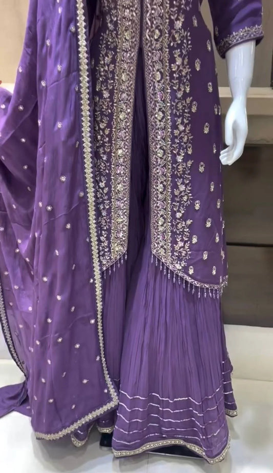 Launching New Designer Party Wear Look Pur Heavy pur chinon Silk Top Sharara Plazzo Dupatta Set