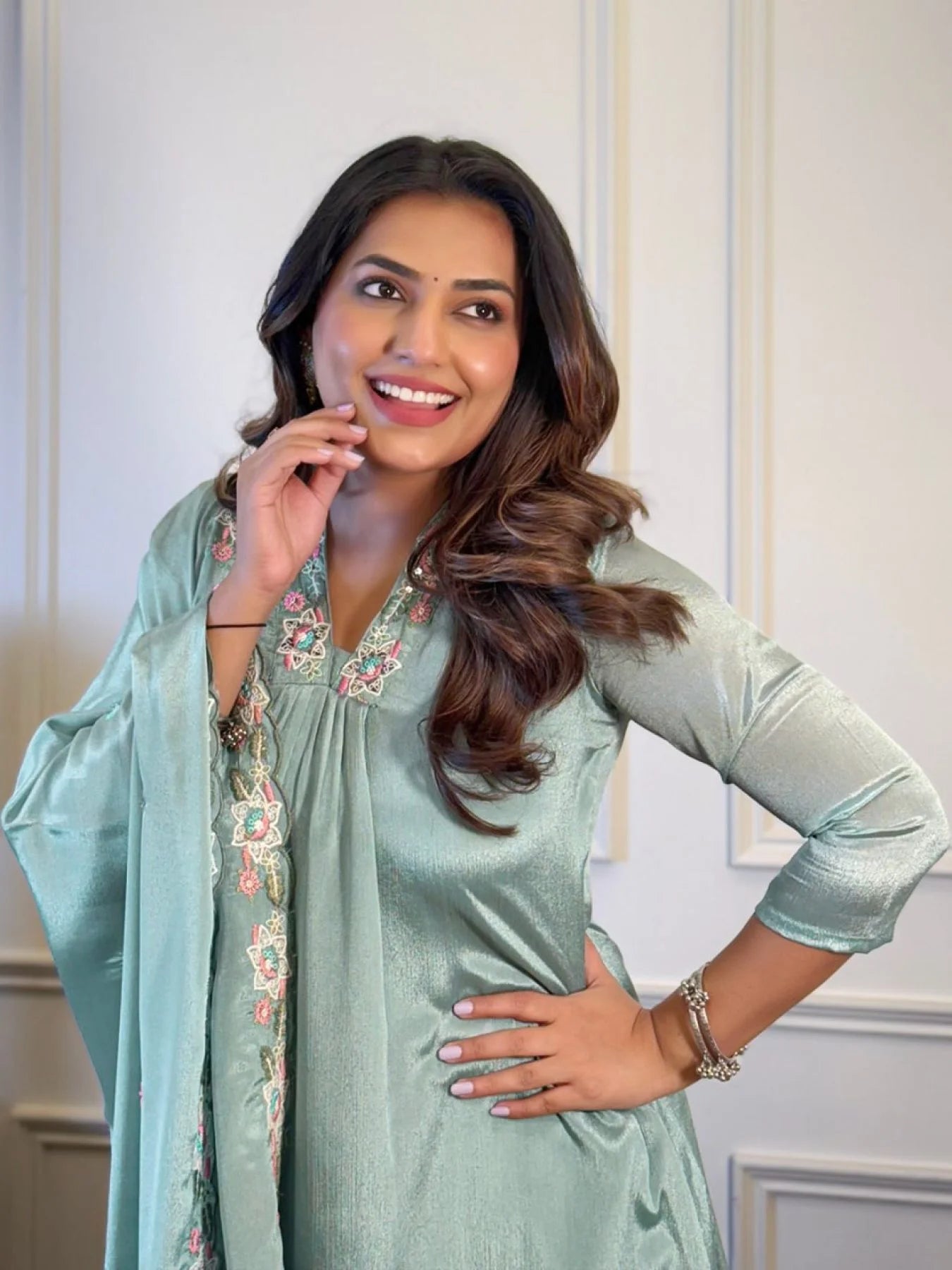 Chinon Embroidered Kurti Set with Soft Rayon Bottom and Dupatta Premium 3 Piece Suit at Low Price