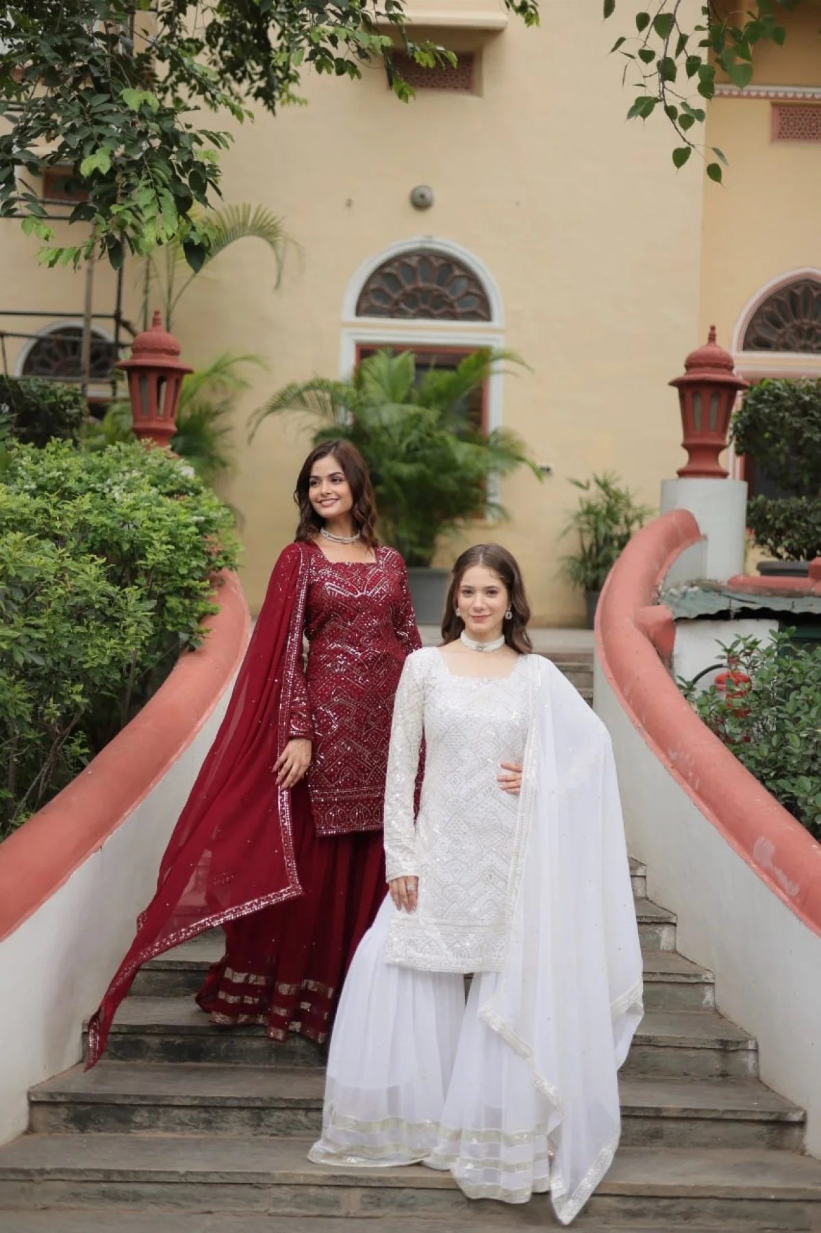 Extraordinary White Color Kurti Sharara Set with Embroidered Dupatta for Women
